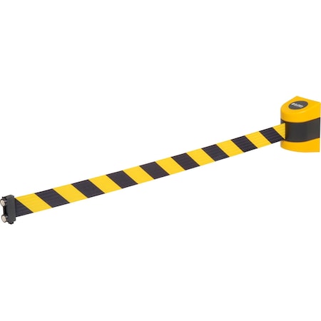 Global Industrial Magnetic Retractable Belt Barrier, Yellow Case W/ 15ft Black/Yellow Belt 708418YB